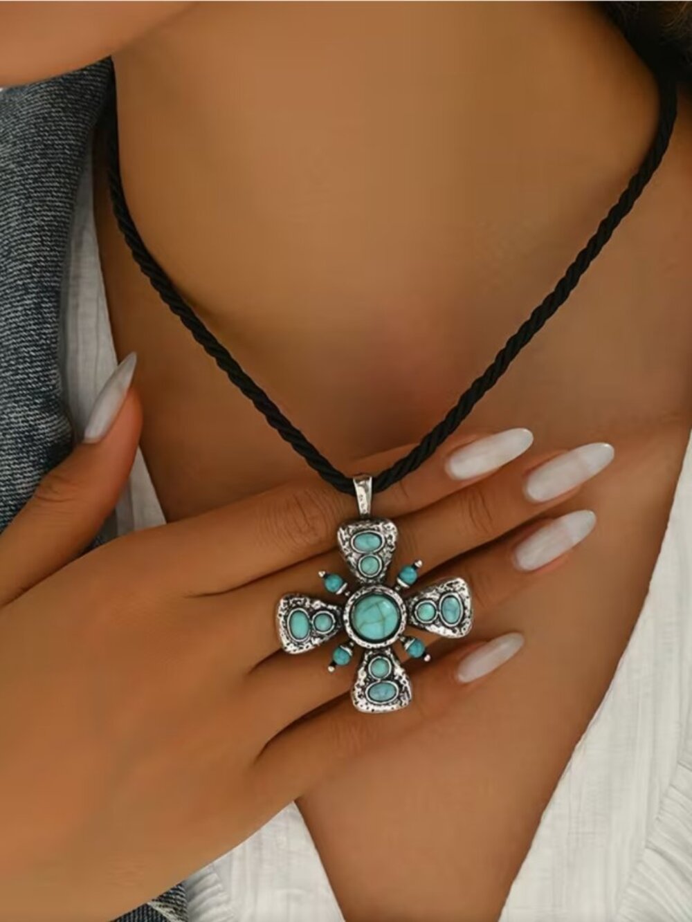 NEW Turquoise Studded Pewter Maltese Cross Corded Necklace Boho Southwestern